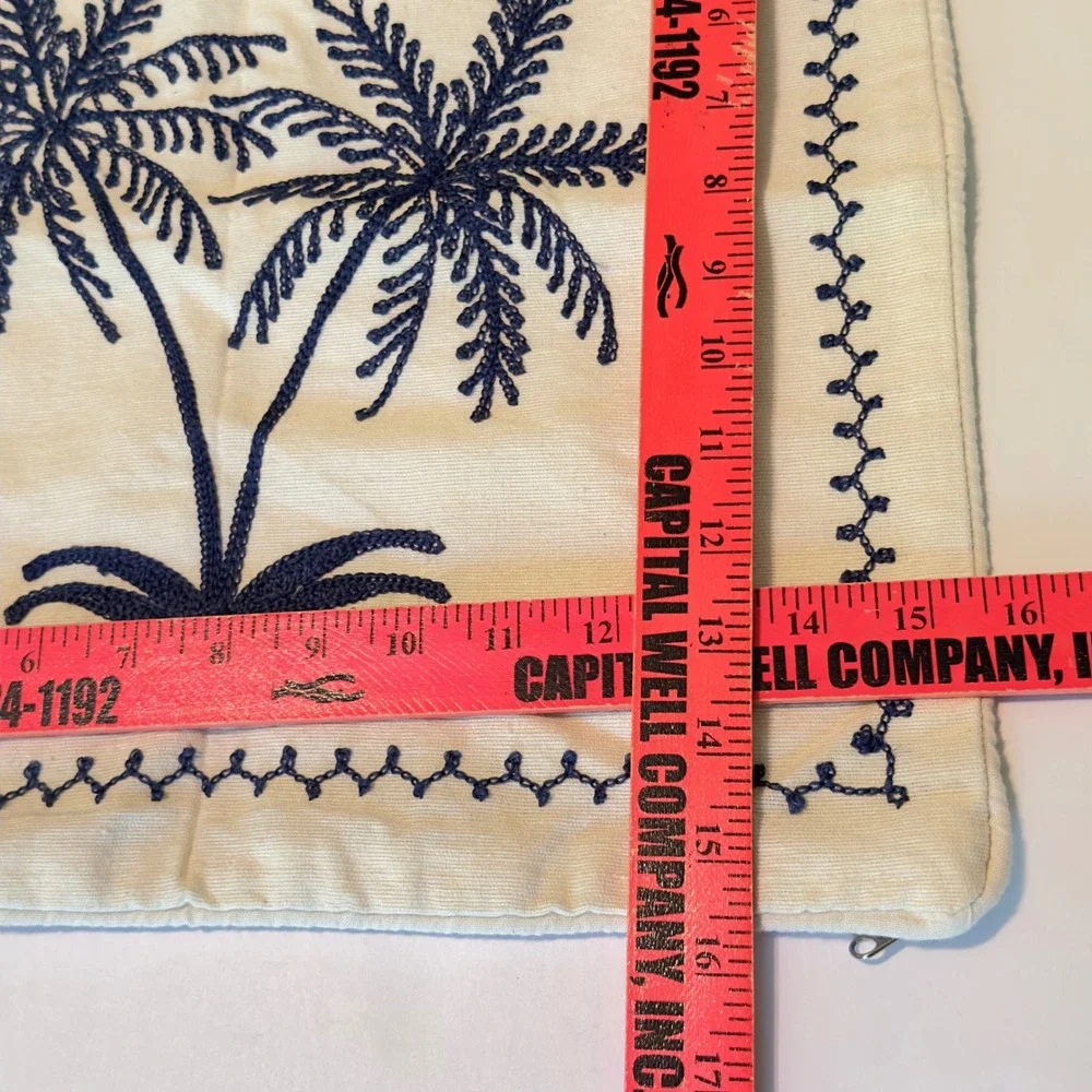 Navy Blue Embroidered Palm Tree Cream Throw Pillow Cover 15.5X15.5
